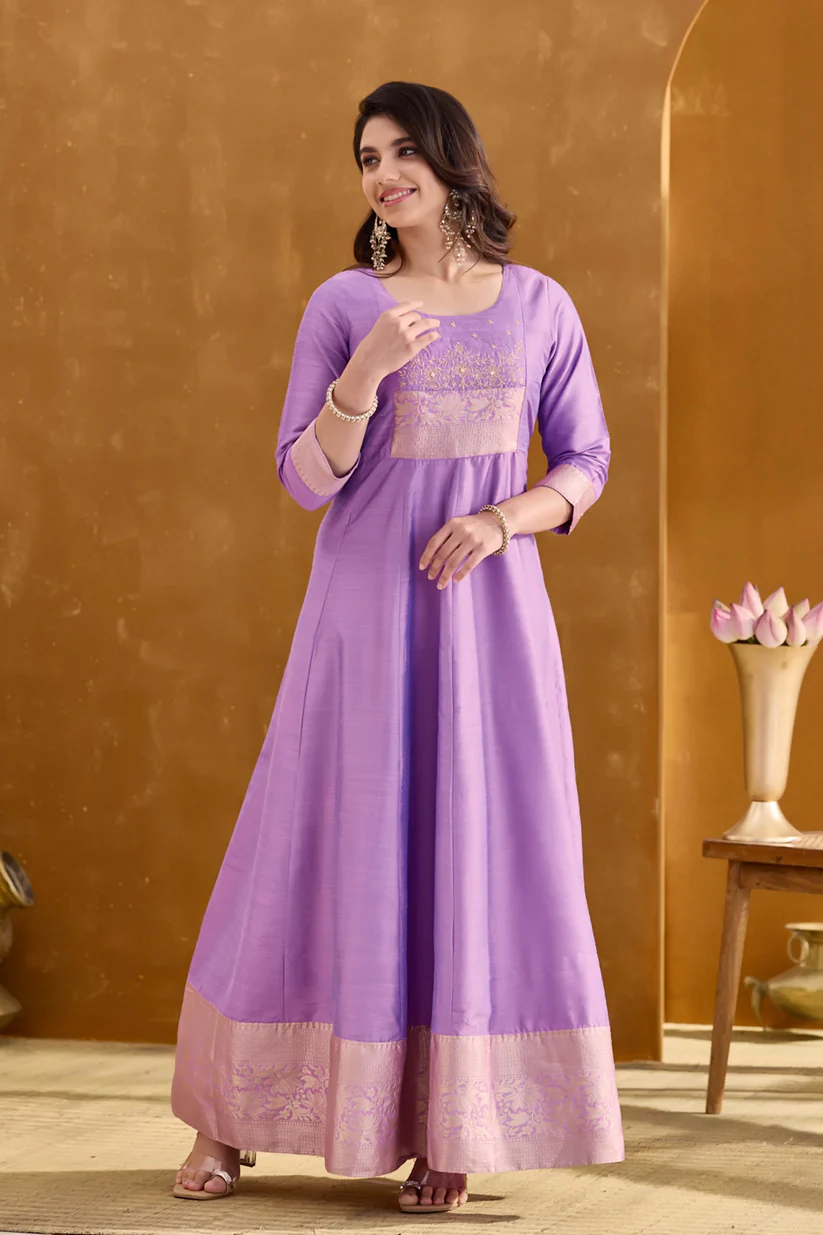 Lavender Anarkali with Embroidery Yoke & Brocade Border